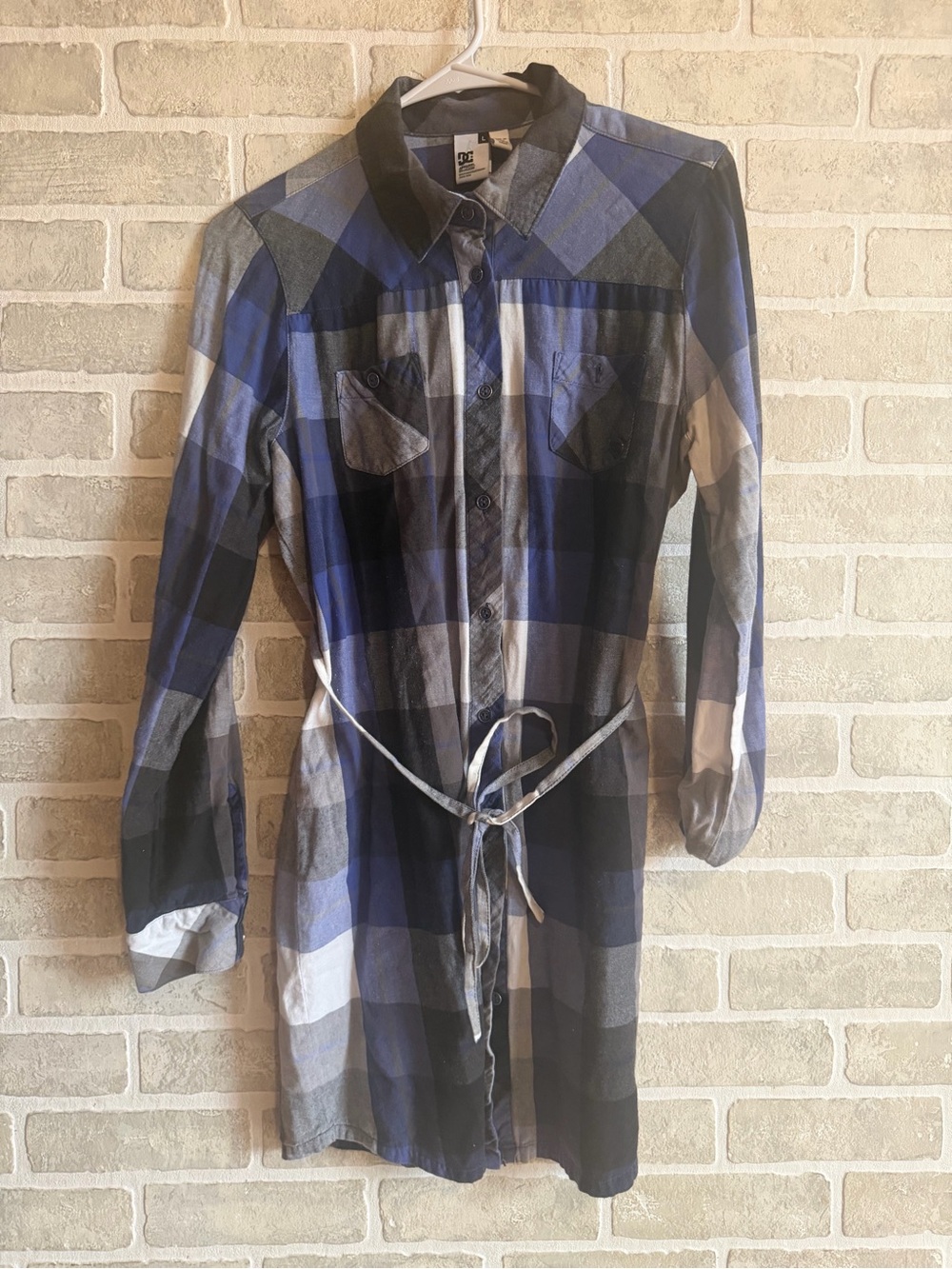 DC Blue Plaid Longline Shirt Dress with Waist Tie